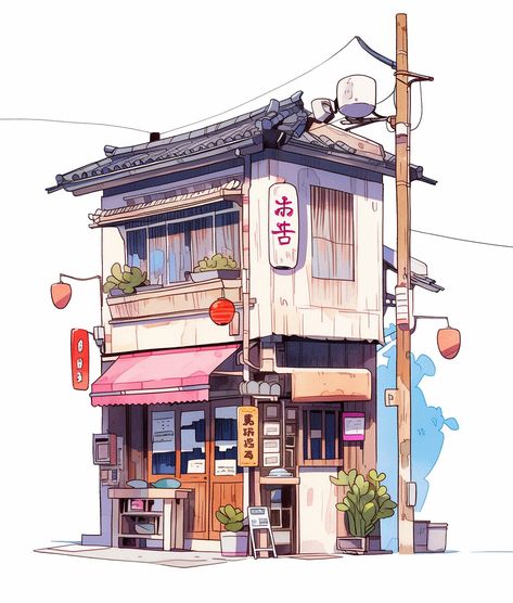 Japanese Architecture Drawings, Japanese Buildings, Japanese Town, Japanese Shop, Acid Art, Building Sketch, Japan Architecture, Building Photography, Building Illustration