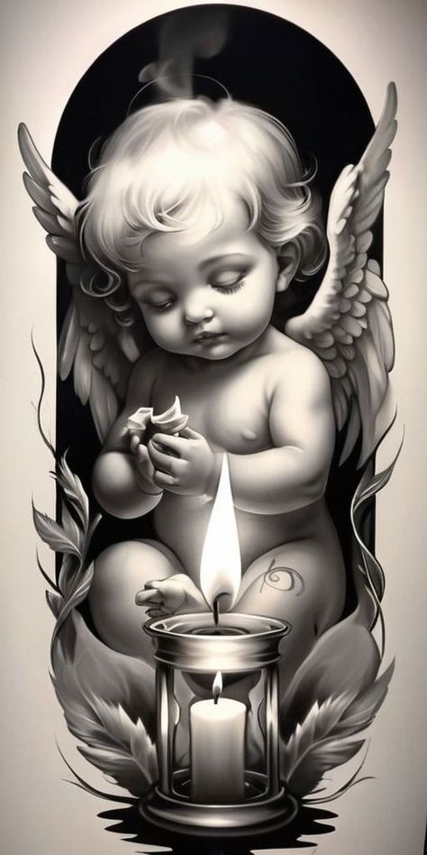 Baby Angel Tattoo Designs, Angel Baby Tattoo, Angel Baby Drawing, Angel Tattoo Drawings, Cherub Tattoo Designs, Baby Angel Tattoo, Cherub Art, Cherub Tattoo, Realism Tattoos