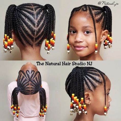 Cornrow Pigtails, Kids Cornrow Hairstyles Natural Hair, Kids Braids With Beads, Girls Braided Hairstyles Kids, Kids Cornrow Hairstyles, Cornrows With Beads, Two Ponytail Hairstyles, Cornrows Natural Hair, Lil Girl Hairstyles