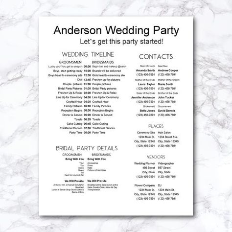 "We know how hectic the day of a wedding can be. How do you tell your bridal party what they are expected to do, at what time, and where to be the day of the wedding without coming off as a Bridezilla. This timeline will allow you to give precise details on the wedding day schedule, contact information of those most active in the wedding planning, and vendor details that might come in handy if a phone call or trip needs to be made. Simply download, edit, and print!  File is US Letter size 8.5\" Bridesmaid Timeline Day Of Wedding, List Of Events For Wedding, Wedding Photos Timeline, Simple Wedding Timeline Day Of, Wedding Order Of Events Timeline, Wedding Party Duties, Bridal Party Line Up Order Ceremony, Sample Wedding Itinerary, Typical Wedding Day Timeline