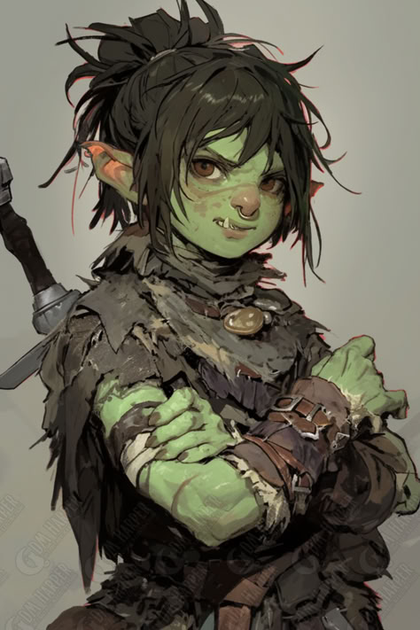 Goblin Fighter/Barbarian Barbarian Rpg, Orc Girl, Dnd Goblin Barbarian, Barbarian Character Design, Goblin Barbarian, Goblin Woman, Dnd Grung Barbarian, Goblin Princess, Orc Woman