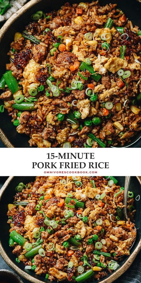 A super fast and easy way to make pork fried rice and get dinner on the table quickly. This fried rice dish is super bold and rich. It hits all the right notes with great flavors and textures and tastes better than takeout. {Gluten-Free adaptable} Pork Fried Rice Easy, Pork Rice Bowl Recipe, Gluten Free Fried Rice, Ground Pork Tacos, Pork Fried Rice Recipe, Recipes Easy Quick, Pork Fried Rice, Leftover Pork, Pork Recipes Easy