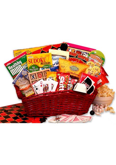 Games Gift Basket, Famous Amos Cookies, Uno Game, Famous Amos, Red Basket, Peanut Candy, Uno Card Game, Checkers Game, Bowling Games