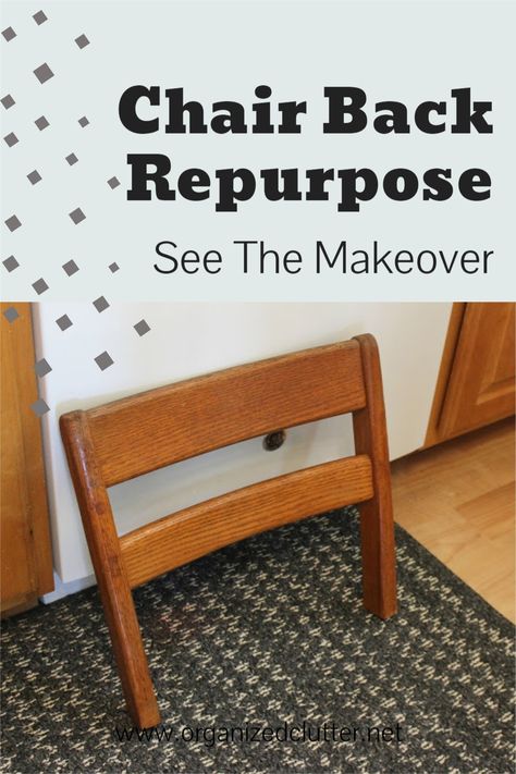 This chair back is repurposed as a fun piece of farmhouse style kitchen decor! See the makeover here. Repurposed Chair Back, Repurpose Kitchen Chairs, Old Chairs Repurposed Diy Projects, Repurposed Items Upcycling, Kitchen Chair Makeover, Repurposed Chairs, Wood Kitchen Chair, Diy Chairs, Wooden Kitchen Chairs