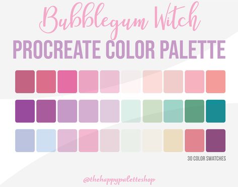 Bubblegum Witch Aesthetic Procreate Color Palette For iPad Lettering and Digital Art! Includes: - 30 colors in the palette  - A (.swatches) file - Procreate Color Palette For iPad or Procreate Pocket Color Palette For iPhone PLEASE NOTE: - You may not redistribute or resell -  You may not claim this as your own FREE MINI PROCREATE PALETTE BUNDLE https://bit.ly/freeminipalettes © The Happy Palette | All Rights Reserved Candycore Color Palette, Spiritual Color Scheme, Bubblegum Color Palette, Witch Aesthetic Colour Palette, Witch Aesthetic Color Palette, Bubblegum Witch Aesthetic, Bubblegum Palette, Opal Color Palette, Cute Witch Aesthetic