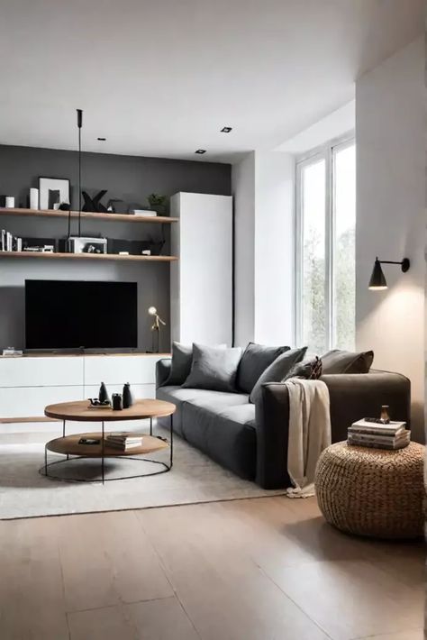 A Scandinavian living room with a sleek minimalist TV unit and hidden Minimalist Tv Unit, Minimalist Scandinavian Living Room, Modern Scandinavian Living Room, Scandi Living Room, Scandinavian Living Room, Dark Modern, Modern Living Room Interior, Living Room Tv Unit, Small Living Room Design