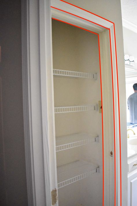 transforming a linen closet into a built-in with open shelving Open Bathroom Linen Closet, Transform Closet Into Office, Linen Closet To Open Shelves, Linen Closet Renovation, Open Closet In Bathroom, Small Linen Closet Makeover, Open Linen Closet In Bathroom, Bathroom Open Shelving Storage, Diy Bathroom Closet