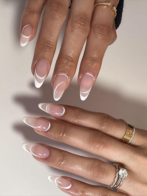 French Tip Clear Base, Icicle French Tip Nails, Cute Oval French Tip Nails, Curvy Lines Nails, Irregular French Nails, White And Clear Nails Design, Short Almond Nails 2023, Oval Biab Nails, Baddie Maintenance