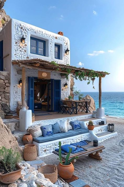 I love Europe ⚜️♥️⚜️ | Dream house in Santorini, Greece | Facebook Santorini Villa Interior, Beach House Europe, Santorini House Design Exterior, Villas In Greece, Santorini House Plan, Villa In Greece, Greece House Design Exterior, Beach House Greece, Greece House Exterior