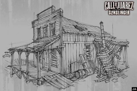 House in the "ghost town", Jula Arendt on ArtStation at https://www.artstation.com/artwork/X4AXa Call Of Juarez Gunslinger, Call Of Juarez, Cowboy Town, Town Drawing, Old West Saloon, Old Western Towns, Old West Town, Perspective Sketch, Western Books