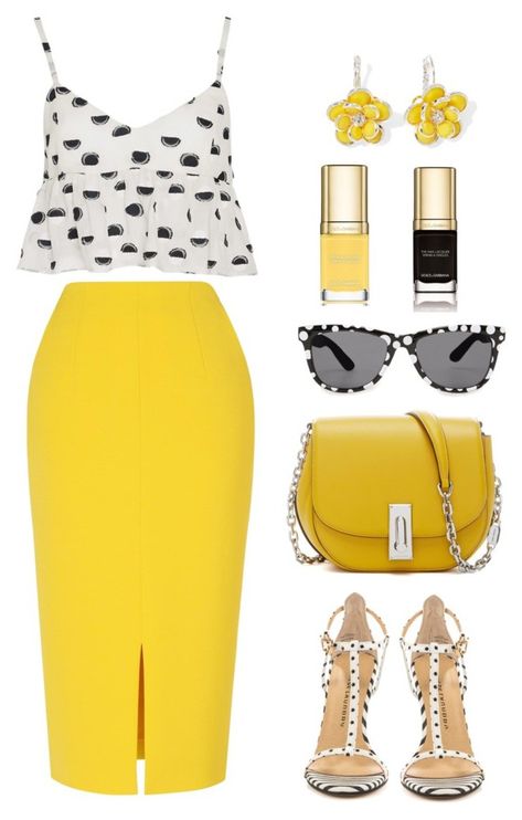 For a weekend jaunt to Jerusalem. Polka Dot Dress Styling, Polka Skirt, Dress Styling, Yellow Skirt, Yellow Outfit, White Polka Dot Dress, Yellow Top, Polyvore Outfits, Polka Dot Dress