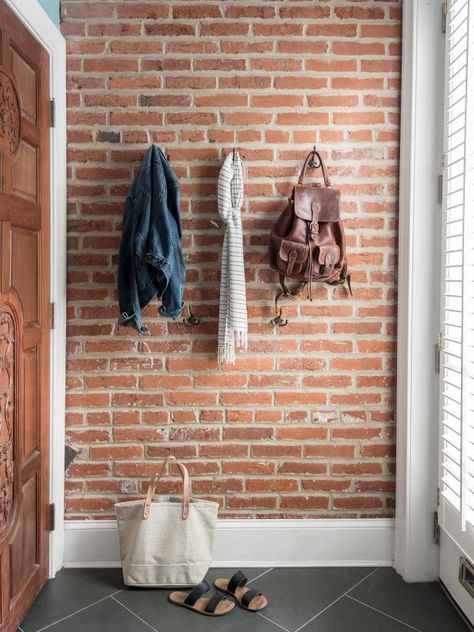 Brick Mudroom Wall, Entryway With Brick Wall, Exposed Brick Mudroom, Entryway Brick Wall, Mudroom With Brick Wall, Brick Wall Mudroom, Exposed Brick Hallway, Exposed Brick Entryway, Brick Wall Entryway