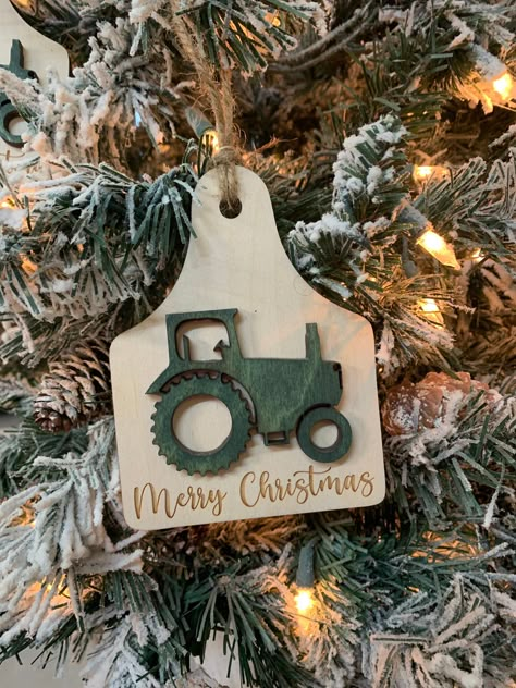 Christmas Tree Cut Out Ornament, John Deere Christmas Tree Ornaments, Farm Theme Christmas Tree, Farm Christmas Ornaments, Cowboy Christmas Tree Ideas, Farm Christmas Decor, Western Christmas Tree Ornaments, Laser Decor, Barnyard Christmas