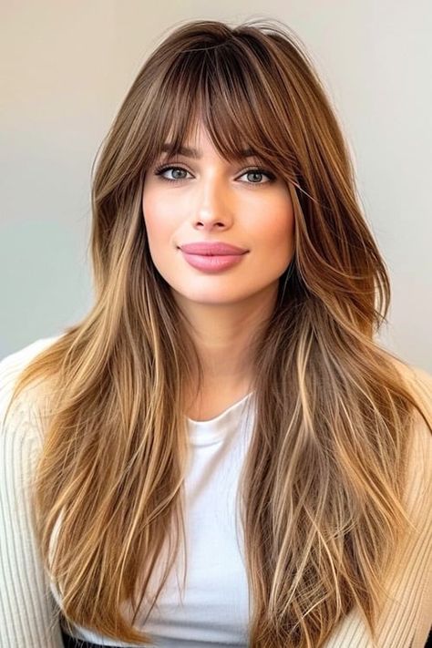 32 Gorgeous and Easy Long Hairstyles For Women - The Hairstyle Edit Feathered Long Hairstyles, Face Framing Bangs Straight Hair, Long Feathered Hairstyles, Waterfall Bangs, Bangs With Layers Face Framing, Feathered Haircut, Long Fringe Hairstyles, Uk Hairstyles, Feathered Bangs