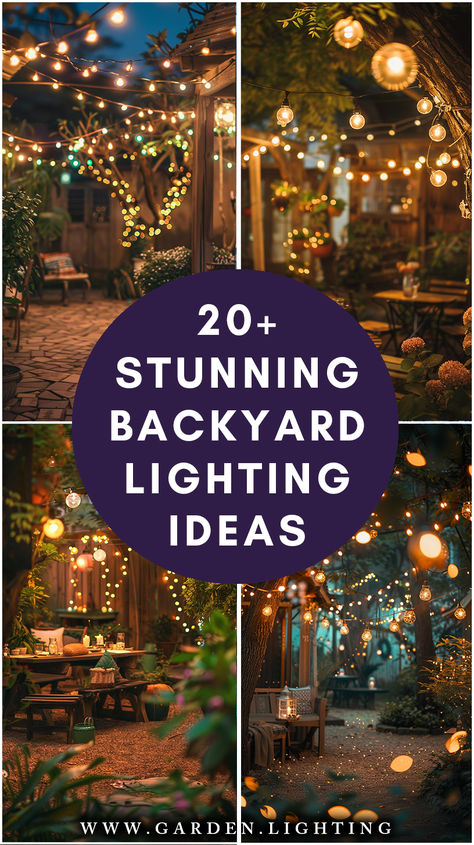 a close up of a bunch of lights in a yard Outdoor Lights Backyard, Outdoor Bar Lights, Lights In The Garden Ideas, Outdoor Tent Lighting Ideas, Fun Outdoor Lighting, Garden Ideas Lights, Garden Light Decoration, Lights Strung In Backyard, Backyard Market Lights