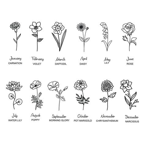 Birth Month Flowers Tattoo, Birth Flower and Name Svg, Birth Month Tattoo Design, Family Tattoo It is a digital product.  Files will be sent to you in 24-48 hours once payment is confirmed. HOW TO ORDER? Add in the personalization box - Name - Birth Month - If you have a special request you want to add, you can add it to the box. Customer satisfaction: No refunds on digital downloads. But if you are not satisfied with the product, we can make changes on the design according to your wishes.  Feel free to contact for any custom designs please.  Birth Month Flowers - Name Tattoo Design Birth Symbols By Month, December Tattoo Ideas Birth Month, Tattoo Ideas Flower Birth Month, December Flower Tattoo Birth Month, Flower Month Tattoo Ideas, Birthmonth Flower Tattoos, Family Birth Month Flower Tattoos, Month Flowers Tattoos, Flower Name Tattoo