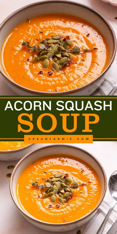 Warm your chilly days with this fall soup recipe! This Acorn Squash Soup recipe features a hearty and filling soup with acorn squash, red peppers, and flavorful spices. Serve it with crusty French bread for a fall comfort food for dinner! Squash Leek Recipes, Pepper Squash Soup, Squash Vegetable Soup, Leftover Acorn Squash, A Corn Squash, Fall Time Soups, Acorn And Butternut Squash Soup, Lakota Squash Recipes, Clean Eating Soup Recipes Healthy