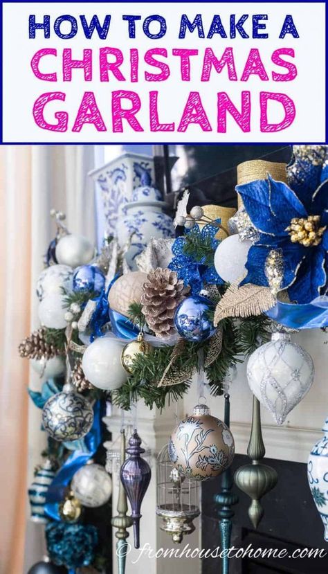 I LOVE this easy DIY Christmas garland tutorial! It has all the steps to create a beautiful garland over the fireplace mantle, including adding lights, ribbon and ornaments. #christmasdecorations #christmasdecordiy #christmasgarland #christmasfireplace Christmas Holidays Decorations, Christmas Fireplace Garland, White Christmas Garland, Diy Christmas Fireplace, Xmas Fireplace, Garland Tutorial, Fireplace Garland, Diy Christmas Lights, Chinoiserie Christmas