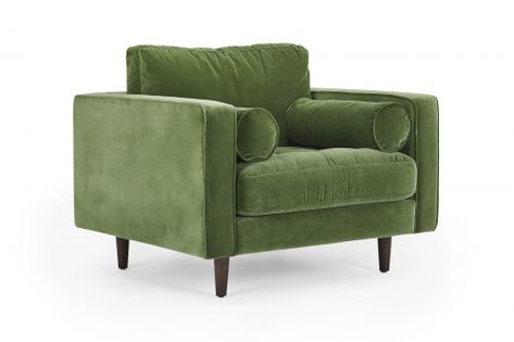 Draper Armchair | Velvet Grass Green | Mid Century Green Accent Chair With Ottoman, Green Arm Chair, Green Velvet Armchair, Green Velvet Chair, Fireplace Room, Tufted Seat Cushion, Bolster Pillows, Fabric Chair, Stylish Curtains