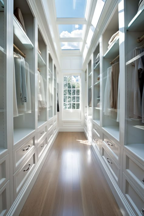 Long Narrow Walk In Closet Design, Long Narrow Dressing Room, Large Narrow Bedroom Ideas, Walk In Closet From Bathroom, Walk In Wardrobe Narrow, Two Level Closet, Walk In Closet Size Layout Master Suite, Long Walkin Closet Ideas, 10x12 Walk In Closet Layout