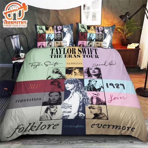 Taylor Swift Best Gift For Fans Bedding Set Introducing our Bedding Set, crafted for unparalleled comfort and style. Made from premium materials, it includes a soft duvet cover, coordinating pillowcases, and a fitted sheet. With a range of designs and sizes, our bedding sets effortlessly elevate any bedroom decor. Transform your space into a cozy sanctuary with our luxurious Bedding Set, where comfort meets elegance. Tailored for the trendsetting individual inspired by:   Photos Of Taylor S Trending Bedding, Taylors Albums, Taylor Swift Merchandise, Blanket And Pillow, Photos Of Taylor Swift, Embroidered Shirts, Taylor Swift Fearless, Taylor Swift 1989, Taylor Swift Wallpaper