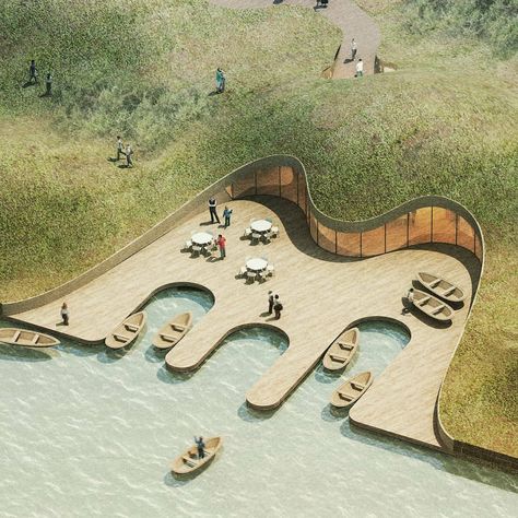 Follow @archlibrary_official for more | Use #archlibrary | Fascinating architectural visualization of dock | . Architect | @madam_architecture . The docks are a cutout in the landscape. The rest of the program is hidden under the hill. . From here you can rent a small fishing boat. . This pavilion is part of the Ginkgo Swan Lake where there will also be designs by @hexia_architects and @buro_klk . . . . #thearchiologist #archviz #arch_grap#architecturecompetition#allofrenders #archigram #archiso Kaira Looro, Waterfront Architecture, Fasad Design, Master Thesis, Island Hotel, Earth Sheltered, Urban Landscape Design, Pavilion Design, Fishermans Wharf