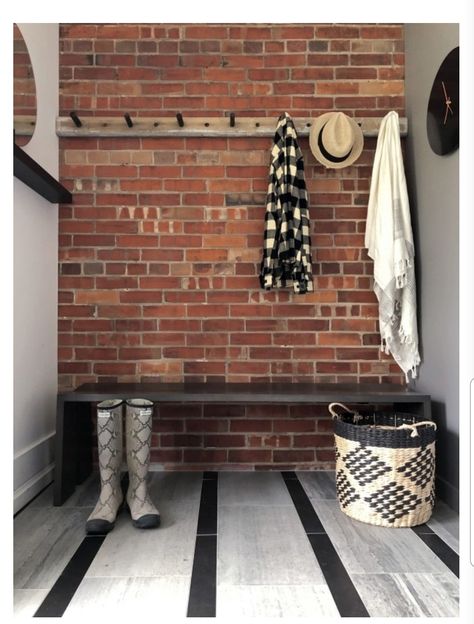 Brick Entryway Wall, Brick Entryway, Mudroom Powder Room, Sarah Richardson Design, Mud Room Entry, Tongue And Groove Panelling, Saltillo Tile, Mudroom Entryway, Industrial Entryway