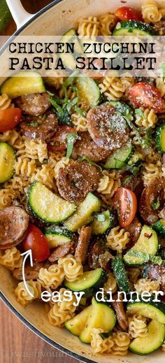 Skillet Pasta Recipes, Chicken Zucchini Pasta, Courgette Pasta, Chicken Sausages, Pasta Skillet, Skillet Pasta, Chicken Zucchini, Basil Sauce, Zucchini Pasta