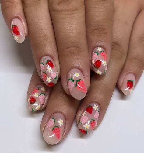 Britt Rosewater ���🌹💦💫 on Instagram: "Strawberries for @natalieapatton 🍓 og artist @rachel.messick 🍰 . . . #nailnova #nailart #nailartist #nailtech #nailpro #gelnails #gelnailart #luminarymani #luminarynailsystems #vacavillenails #naturalnails #strawberrynails #fruitnails #summernails #cutenails" Luminary Gel Nails, Summernails Summer Nail Ideas 2024, Luminary Nails Design, Picnic Nails, Strawberry Nail Art, Strawberry Nails, Fruit Nails, Romantic Nails, Vintage Nails