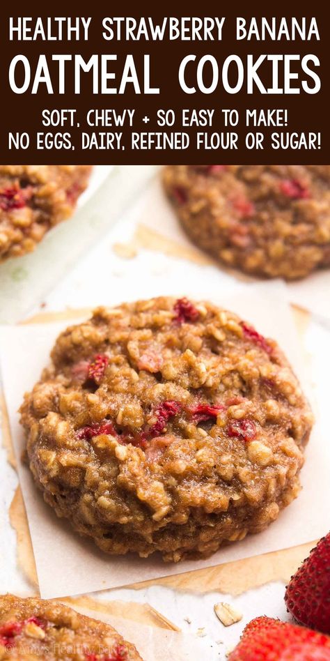 Apple Banana Oatmeal Cookies, Strawberry Breakfast Cookies Healthy, Strawberry Banana Breakfast Cookies, Strawberry Banana Recipes Healthy, Healthy Strawberry Recipes Clean Eating, Chewy Banana Oatmeal Cookies, Strawberry Breakfast Cookies, Strawberry Breakfast Recipes Healthy, Strawberry And Banana Recipes