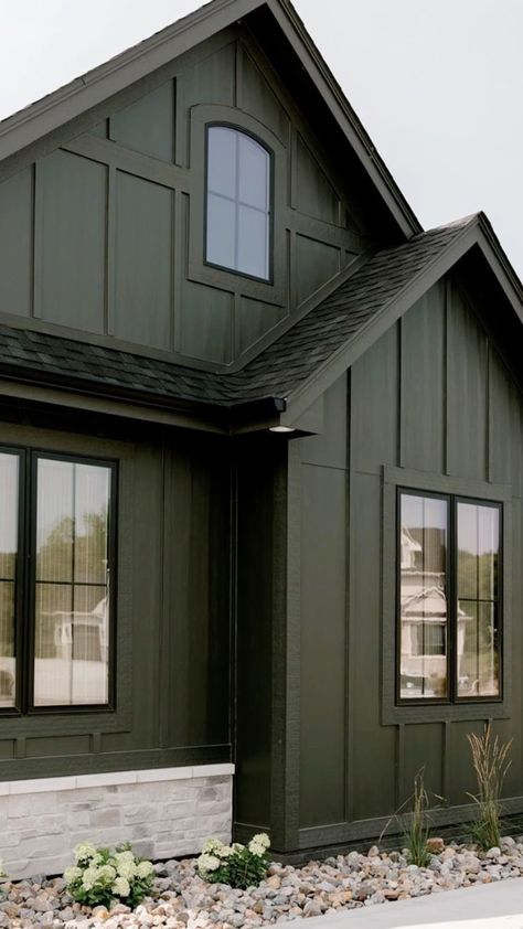 Dark English Cottage Exterior, Exterior House Colors Dark Green, Dark Olive Green Exterior Paint, Dark Grey Green House Exterior, Dark Green House Exterior With Wood, Dark Olive Green House Exterior, Sherwin Williams Jasper Exterior, Dark Green Cabin Exterior, Moody Exterior House