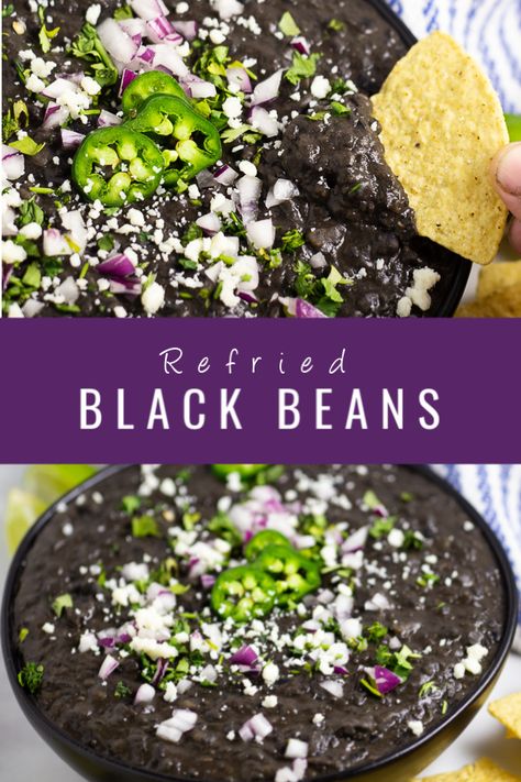 Refried Black Beans Crockpot, Black Beans Refried, Mashed Black Beans Recipe, Black Bean Hummus Recipe Homemade, Black Bean Refried Beans Recipes, Refried Black Beans Recipe Homemade, Black Refried Beans Recipe, Refried Black Beans Recipe From Can, Authentic Mexican Black Beans Recipe