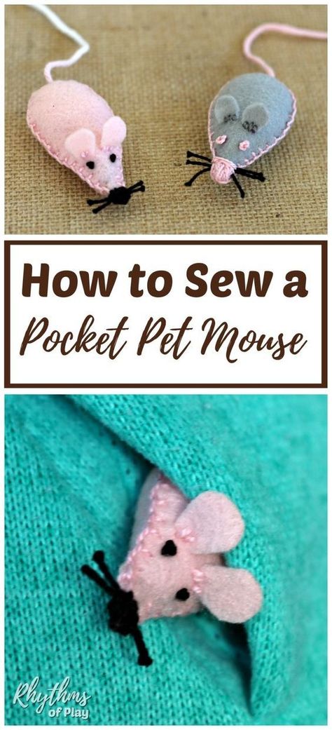 Sew a pocket pet mouse softie with the kids as a beginning sewing project! Contains free printable pattern. A pet mouse makes a great lovey or comfort object to send children back to school. An easy handmade gift idea kids can make and cats love filled with catnip too! Pet Mouse, Easy Handmade Gifts, Pocket Pet, Pet Mice, Beginner Sewing Projects Easy, Felt Mouse, Sewing Projects For Kids, Leftover Fabric, Sewing Projects For Beginners