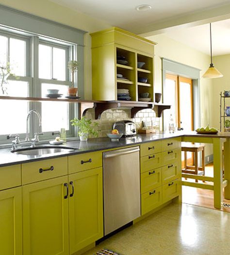 chartruese rooms | chartreuse too i thought it might be fun to add some pictures of rooms ... Yellow Cupboards, Yellow Kitchen Cabinets, Two Tone Kitchen Cabinets, Green Kitchen Cabinets, Bright Kitchens, Green Cabinets, Yellow Kitchen, Kitchen Cabinet Colors, Grey Kitchens