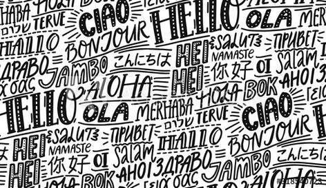 Stock Image: Hello in different languages. Typography seamless pattern. French bonjur, spanish hola, japanese konnichiwa, chinese nihao, indian namaste and other greetings. Handwritten wallpaper for hotels or Language Aesthetic, Hello In Different Languages, Ways To Say Hello, Hotel School, Foreign Words, Diy Clothes And Shoes, Indian Language, German Words, Funny Names