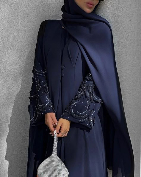 Embellished Abaya, Elegant Abayas, Blue Abaya, Abaya Designs Latest, Abaya Fashion Dubai, Abaya Outfit, Blue Cape, Modest Fashion Hijab, Muslim Fashion Hijab Outfits