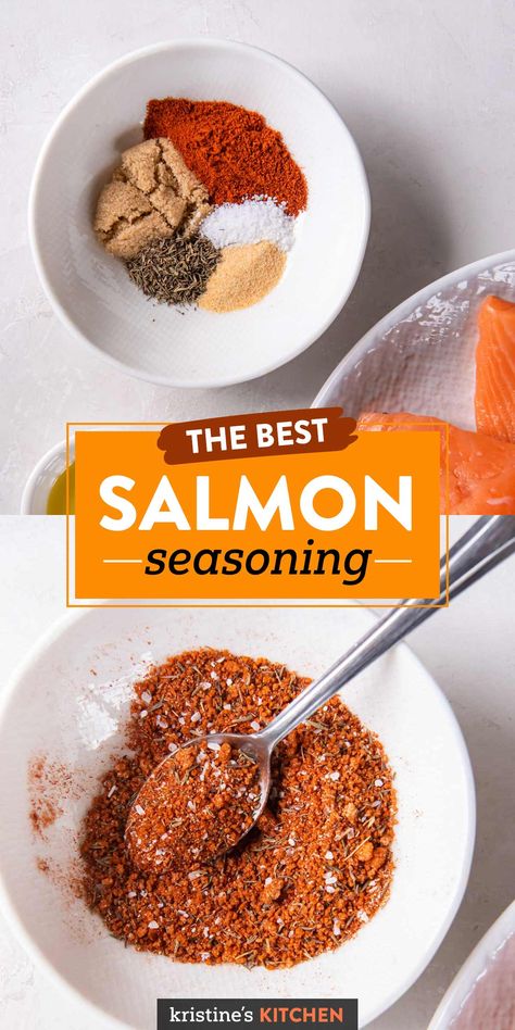 This simple Salmon Seasoning recipe brings the best flavor to salmon! Easy, healthy, and perfect for grilled salmon, air fryer salmon or baked salmon. Seasoning For Salmon Air Fryer, Salmon Recipes Seasoning, Seasoning For Grilled Salmon, Salmon Spices Rub, What To Season Salmon With, Season Salmon Air Fryer, Salmon Rub Recipe Healthy, Healthy Salmon Seasoning, How To Season Salmon For The Grill