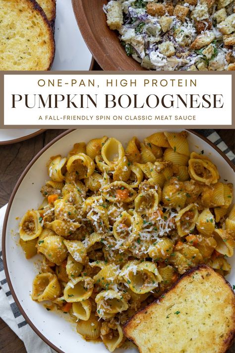 Stuffed Pumpkin Recipes Vegetarian, High Protein Vegetarian Lasagna, Pumpkin Ground Beef, High Protein Stuffed Shells, High Protein Fall Recipes, Pumpkin Bolognese, Pumpkin Guts Recipe, Pumpkin Dinners, Pumpkin Dinner Recipes