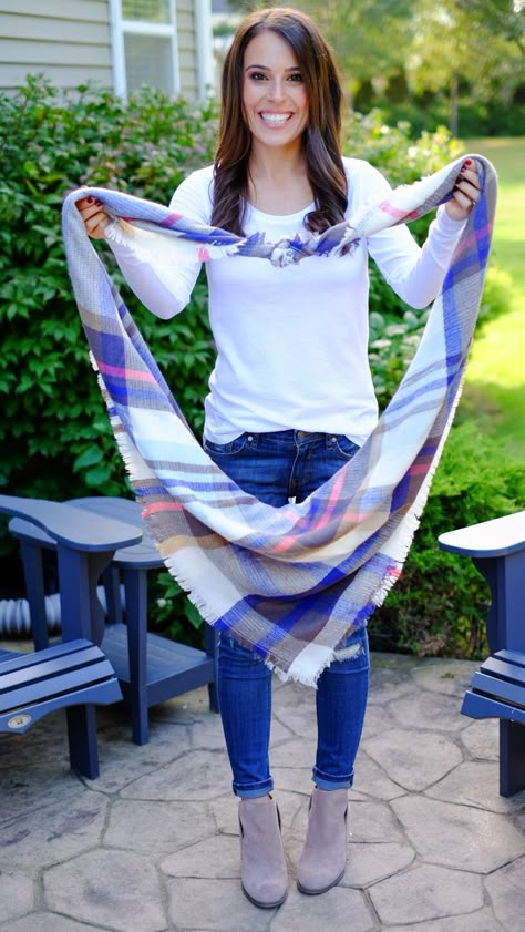 How to Tie a Blanket Scarf | MrsCasual How To Wear A Square Blanket Scarf, How To Tie Blanket Scarf, Wearing A Blanket Scarf, Tying A Square Scarf, How To Tie A Pashmina Scarf, How To Style A Square Scarf, Blanket Scarf Styles, How To Tie A Square Scarf, How To Wear A Square Scarf