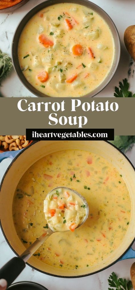 This creamy vegan carrot potato soup is incredibly delicious and surprisingly simple to make. Enjoy this veggie packed soup for a healthy twist on a classic comfort food recipe. Potato Vegan Soup, Carrot Celery Potato Soup, Vegetarian Baked Potato Soup, New Veggie Recipes, Healthy Creamy Potato Soup, Potato Carrot Soup Recipe, Healthy Soup Recipes Vegan, Vegan Potato Stew, Carrot Potato Soup Recipes