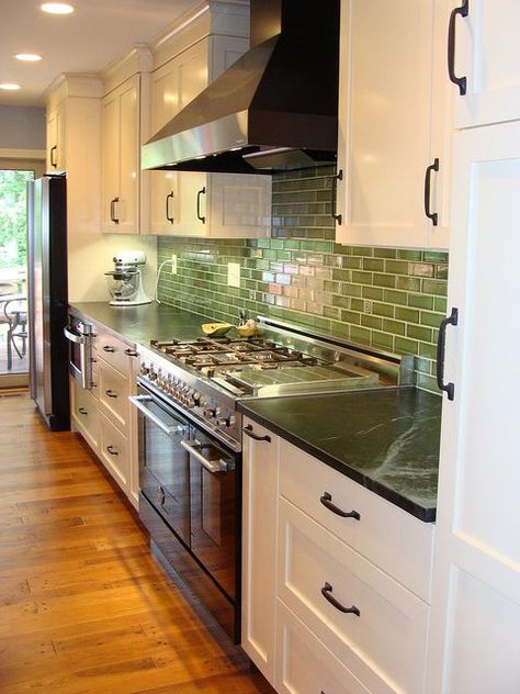 Green Kitchen Countertops, Cherry Wood Kitchen Cabinets, Green Tile Backsplash, Green Countertops, Cherry Wood Kitchens, Cherry Wood Cabinets, Green Subway Tile, Soapstone Counters, Green Backsplash