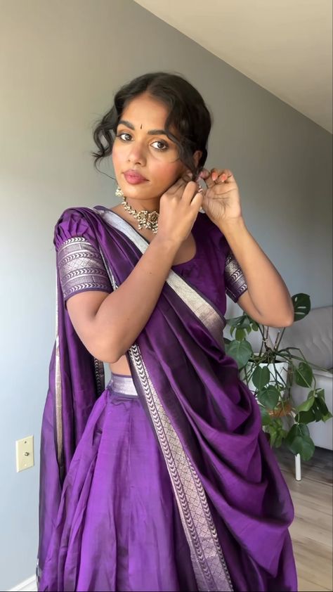 @sanjanaagutha on insta South Indian Casual Wear, Half Saree Styles Traditional, South Indian Half Saree Aesthetic, South Indian Fashion Saree, Lehenga From Silk Saree, One Piece Dress From Saree, Pooja Saree Look, Tamil Half Saree, South Indian Dress Outfits