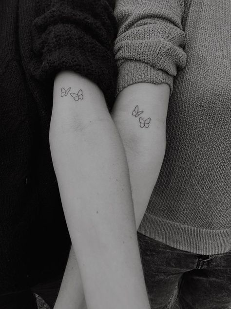 #tattoo #friendship #friends #tattooideas #tattooart #tattooideasformen Sister Tats Small, Matching Tattoos For Best Friends Butterflies, Small Matching Tattoos Butterfly, Small Tattoo Sisters, Sister's Tattoos Matching, Non Matching Sister Tattoos, Two Friends Tattoo, Maching Tattoos Butterfly, Tattoos About Sisters