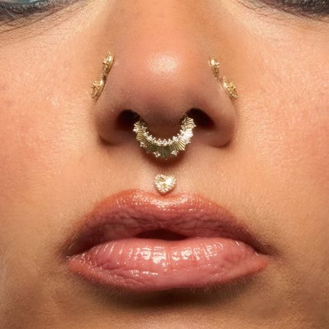 Introducing 'High Standards' – a radiant clicker design adorned with stunning genuine diamonds. Wear this chic piece in your daith or septum piercings and enjoy its brilliant shine all year long! Details This style is a 16 Gauge 5/16" Gemstone: (4) 1.2mm, (3) 1.1mm, and (12) 1mm round faceted Genuine Diamonds Clickers have a hinged clasp for an easy open / close Solid 14k gold - Available in Yellow & White Sold as a single Nostril Piercing With Septum, Septum Double Nose Piercing, Piercing Setup, Gold Septum Piercing, Septum Nose Piercing, Gold Septum Ring, Gold Septum, Face Jewelry, Septum Rings