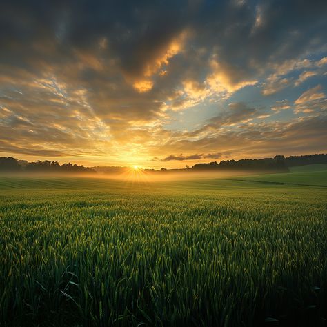 sunrise in a very calm land of green field Sunny Field, Field Landscape, Grassy Field, Farm Logo, Green Field, Nature Pics, Green Pasture, Grass Field, Open Field