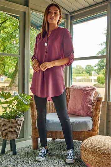 Longline Button Detail Tunic Top in Mauve - Roman Originals UK Tunic And Jeans, Ladies Casual Wear, 25 Weeks Pregnant, Chiffon Tunic Top, Chiffon Tunic, Sequin Party Dress, Printed Trousers, Maxi Dress Party, Going Out Dresses