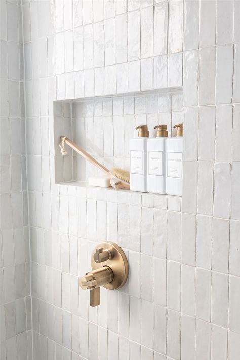 Shower Cubby Tile, Build In Shower Shelves, Build In Shelf Bathroom, Shower Niche Above Valve, Soap Shelf Bathroom, In Built Shower Shelf, His And Her Shower Niche, Master Shower Shelf Ideas, Wall Tile In Bathroom Ideas