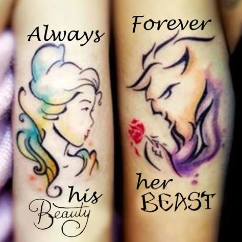 Matching Disney Tattoos, Disney Couple Tattoos, Matching Love Tattoos, Tattoo After Care, Married Couple Tattoos, Him And Her Tattoos, Beauty And The Beast Tattoo, Maching Tattoos, Tattoo Ideas Unique