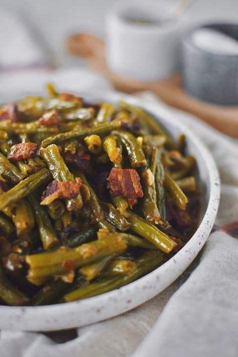 Southern Green Beans - KendellKreations Kielbasa Potatoes Green Beans Crock Pot, Soul Green Beans, Green Beans Bbq, Southern Green Beans Recipe Crockpot, The Best Green Beans Ever, Homestyle Green Beans, Crockpot Southern Green Beans, Paula Deen Green Beans, Home Style Green Beans