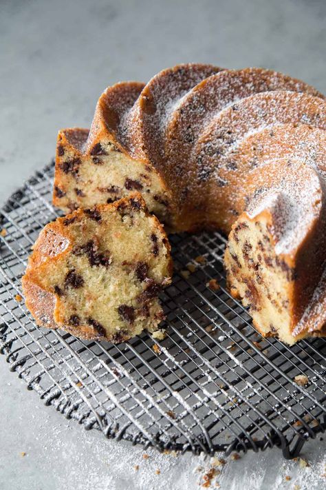 Choc Chip Bundt Cake Recipes, Chocolate Chip Cookie Bundt Cake, Easy Chocolate Chip Desserts, Moist Chocolate Chip Cake, Bundt Cake Ideas, Chocolate Chocolate Chip Cake, Coffee Bundt Cake, Chocolate Chip Bundt Cake Recipe, Pastry Photography